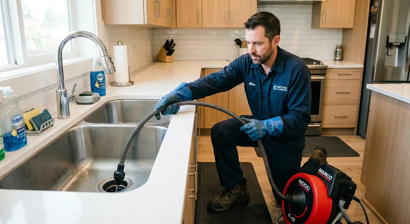 Drain cleaning technician using a motorized snake on a kitchen sink in Marshfield