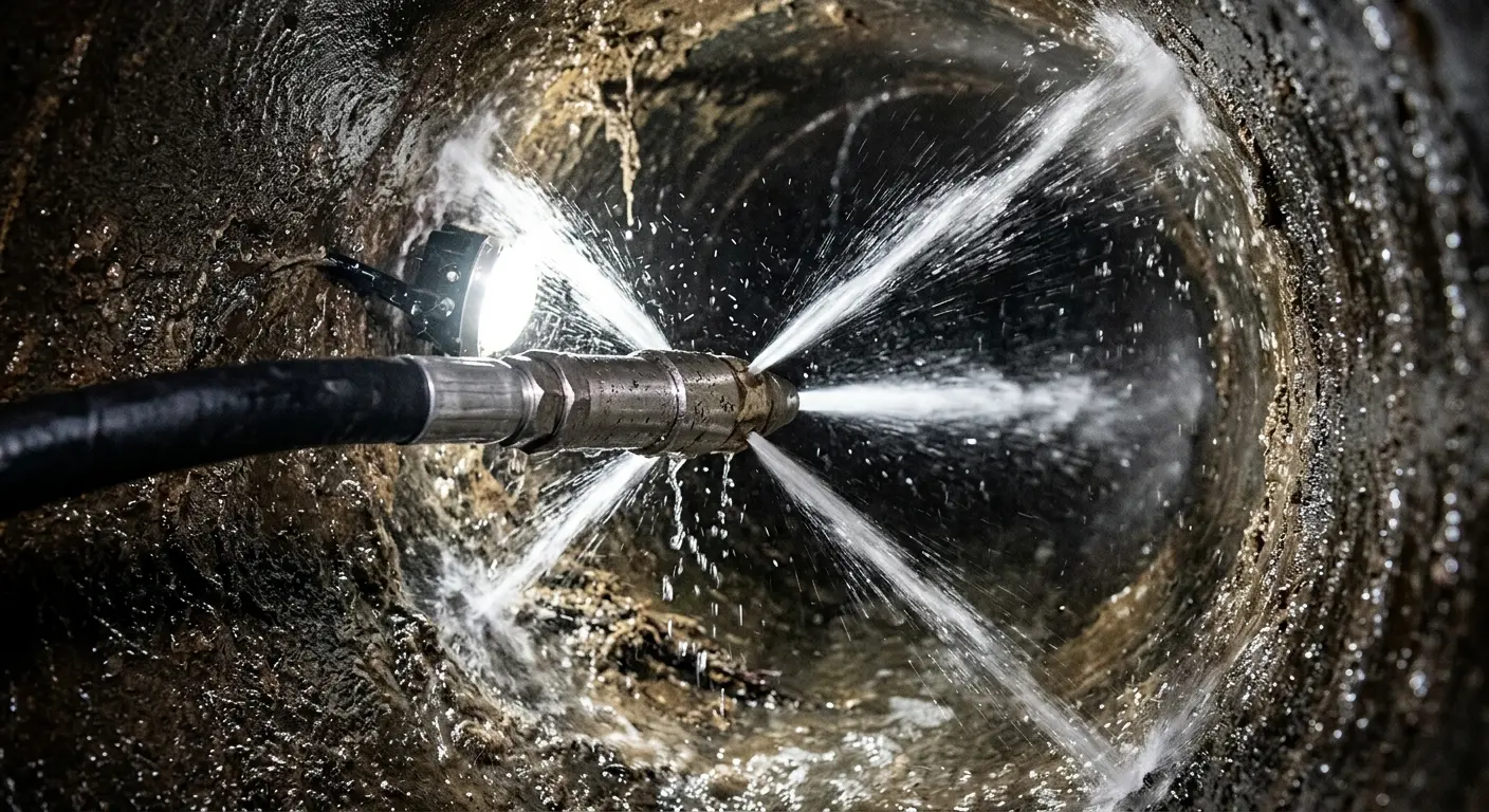 High-pressure hydro jetting nozzle cleaning sewer pipe for Sewer Cleanout in Marshfield