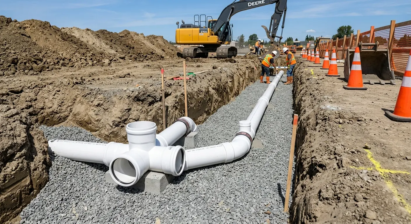New PVC sewer pipe installation in open trench for Sewer Backup in Marshfield