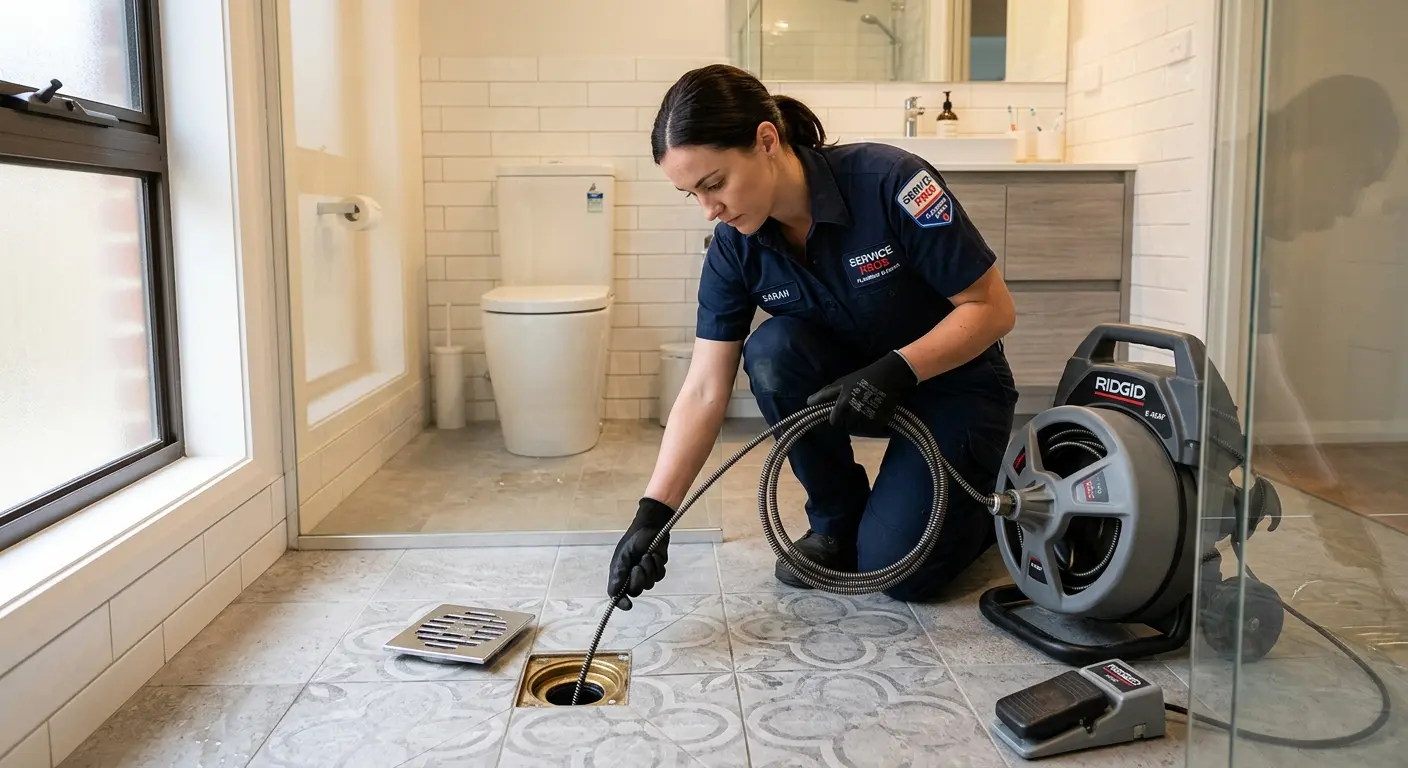 Technician clearing a bathroom floor drain for Drain Cleaning in Marshfield